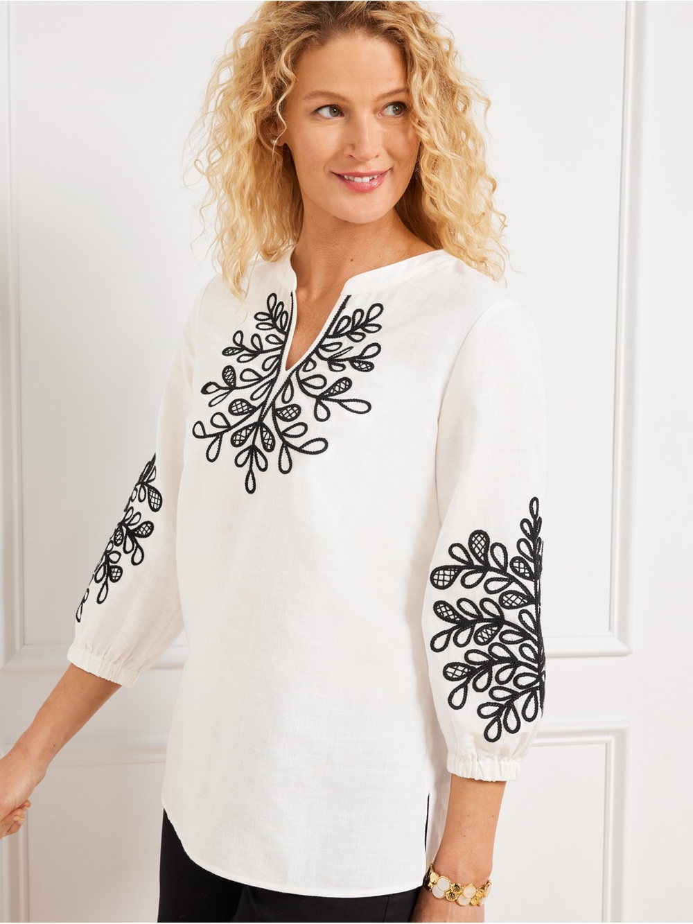 NWT Talbots Embroidered Linen Blend Tunic Top - Ivory/Black